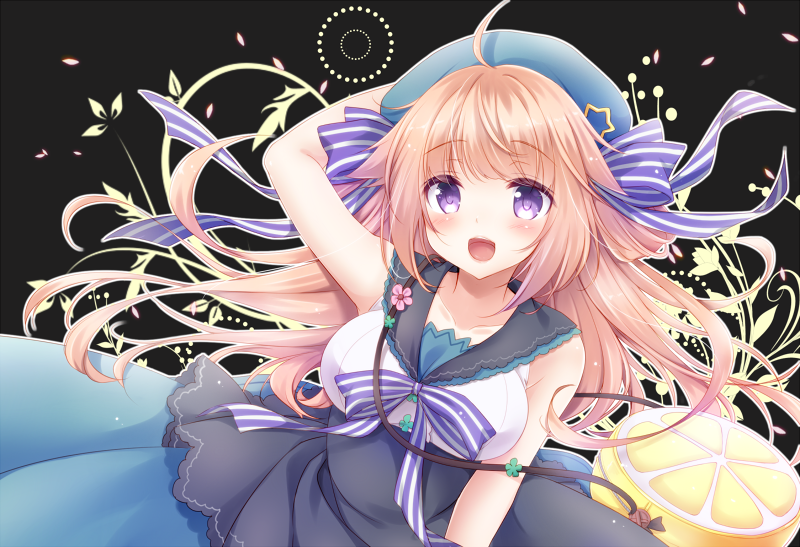 1girl, :d, ahoge, arm_up, bangs, bare_shoulders, beret, black_background