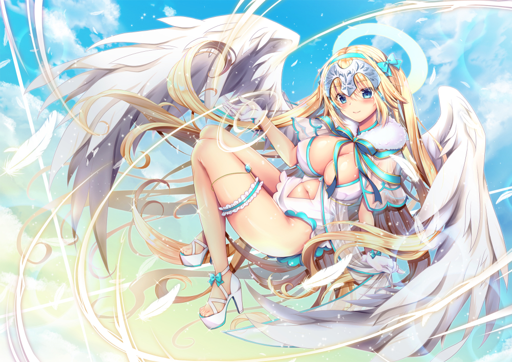 adapted_costume, angel, angel_wings, blonde_hair, blue_bow, blue_eyes, blue_hairband, blue_ribbon