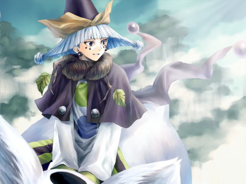 1boy, above_clouds, black_capelet, black_eyes, capelet, clouds, earrings, facial_mark