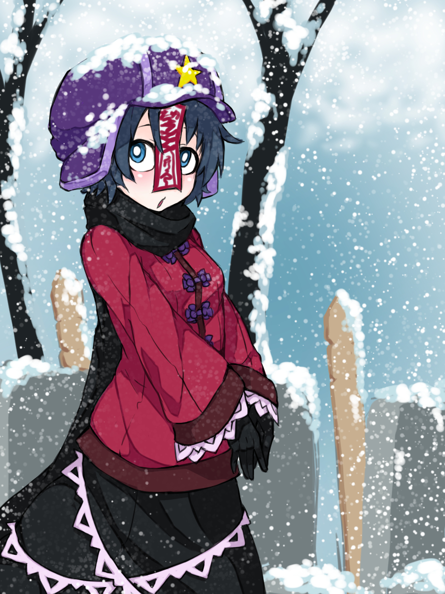 1girl, :o, adapted_costume, black_gloves, black_scarf, black_skirt, blue_eyes, blue_hair