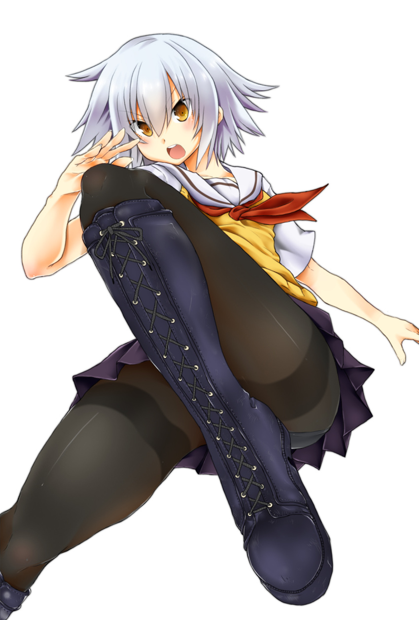 1girl, ben-tou, black_legwear, boots, highres, open_mouth, panties, panties_under_pantyhose