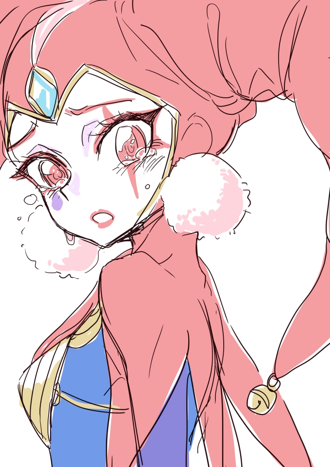 1girl, bodysuit, breasts, chrono_cross, crying, facepaint, facial_mark, hat, jester, jester_cap, red_eyes, s-a-murai, solo, tassel, tsukuyomi_(chrono_cross)