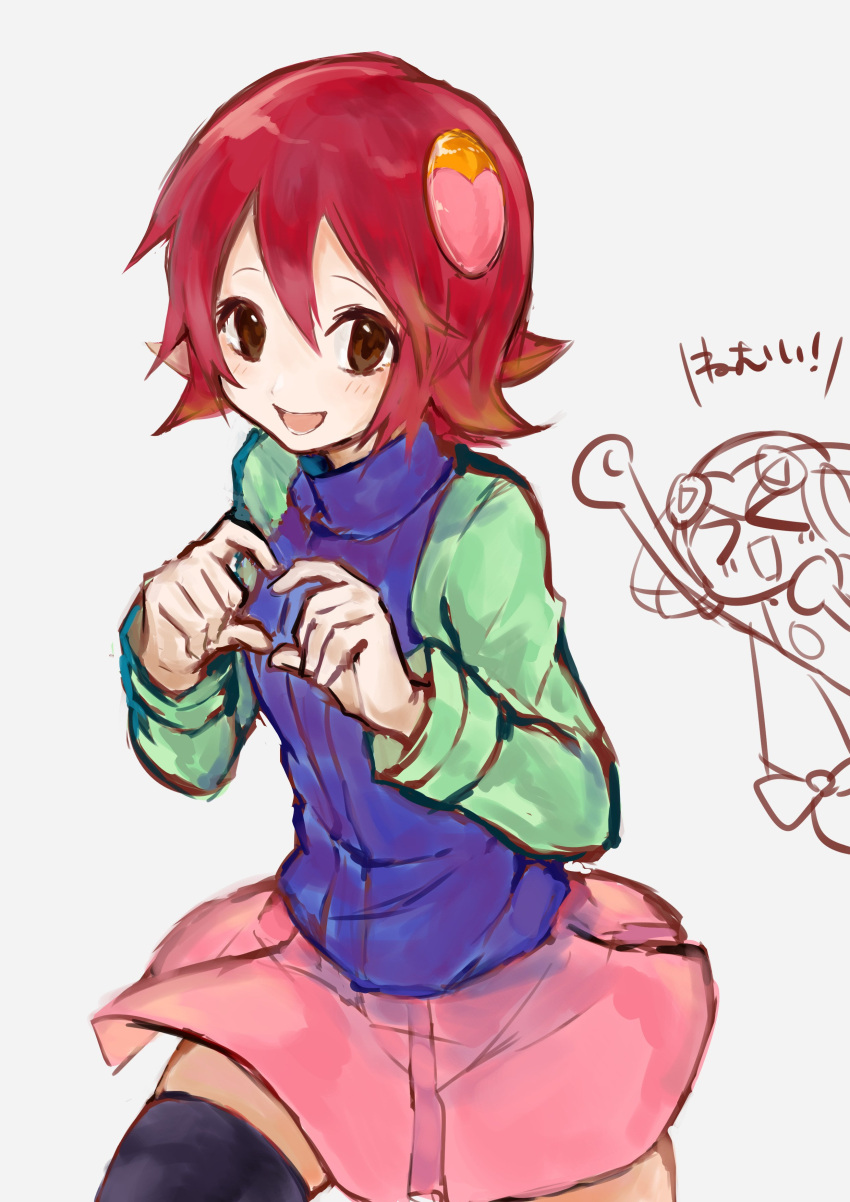 1girl, absurdres, black_legwear, blush, brown_eyes, cowboy_shot, grey_background, hair_between_eyes, hair_ornament, hand_gesture, heart, heart_hands, highres, long_sleeves, miniskirt, open_mouth, pink_skirt, redhead, rockman, rockman_exe, sakurai_meiru, shino_hiro22, short_hair, skirt, smile, thigh-highs
