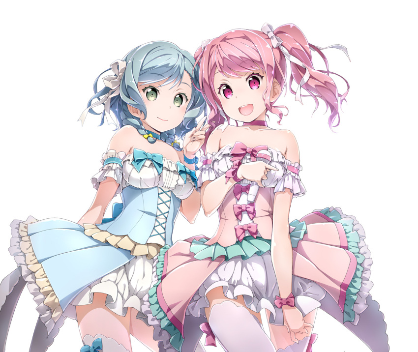 2girls, akata_itsuki, bang_dream!, blue_hair, dress, frills, green_eyes, highres, hikawa_hina, long_hair, looking_at_viewer, maruyama_aya, microphone, multiple_girls, open_mouth, pastel_palettes, pink_eyes, pink_hair, smile, thigh-highs, twintails, v, white_legwear
