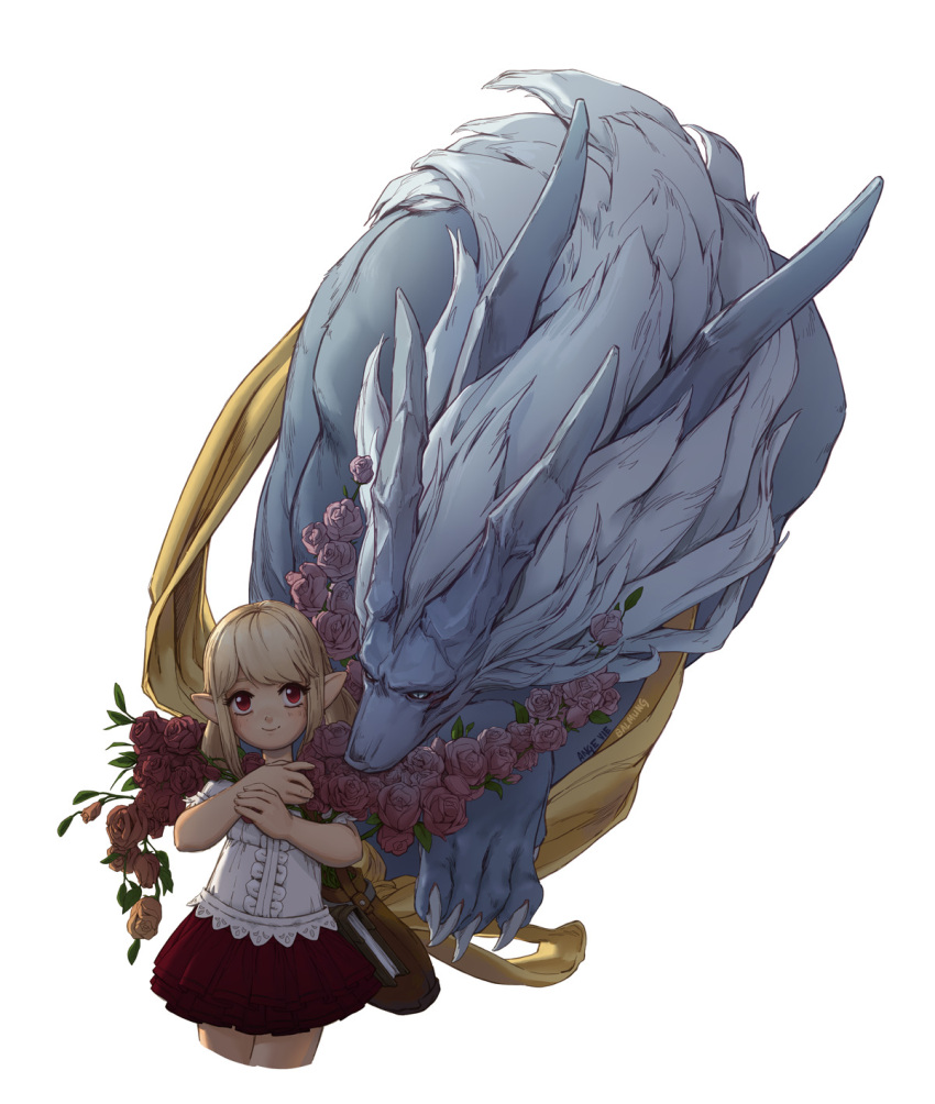 1girl, ange_vie, bag, blonde_hair, blouse, cropped_legs, fenrir_(final_fantasy), final_fantasy, final_fantasy_xiv, flower, highres, lalafell, layered_skirt, looking_at_viewer, medium_hair, pointy_ears, red_eyes, red_skirt, simple_background, skirt, smile, solo, standing, white_background, white_blouse