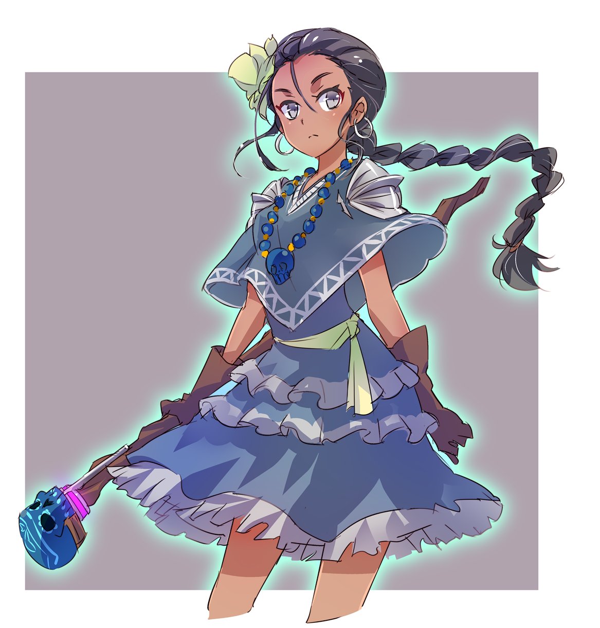 1girl, age_regression, braid, dark_skin, earrings, gloves, glowing, grey_eyes