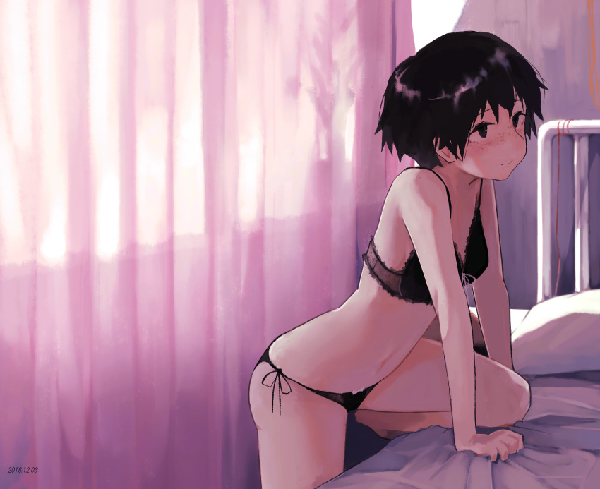 1girl, air_kon, bare_arms, bare_shoulders, bed, black_bra, black_eyes, black_hair