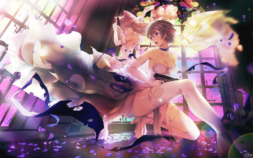 +_+, animal_ears, bangs, bare_shoulders, blue_ribbon, blush, breasts, bridal_veil