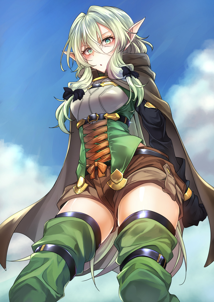 absurdres, blue_sky, boots, brown_shorts, butano_(star-dust_boxxx), cloak, clouds, elf, gloves, goblin_slayer!, green_eyes, green_hair, high_elf_archer_(goblin_slayer!), highres, hood, hooded_cloak, pointy_ears, shorts, sky, thigh-highs, thigh_boots