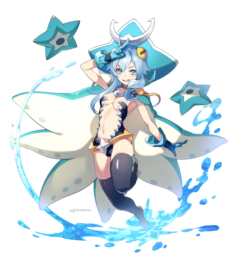 >:), 1girl, black_choker, black_legwear, black_swimsuit, blue_eyes, blue_gloves, blue_hair, blue_hat, breasts, cape, center_opening, choker, full_body, gloves, hat, kraken_(monster_super_league), long_hair, medium_breasts, monster_super_league, navel, one-piece_swimsuit, parted_lips, revealing_clothes, solo, starfish, swimsuit, thigh-highs, ujou, water
