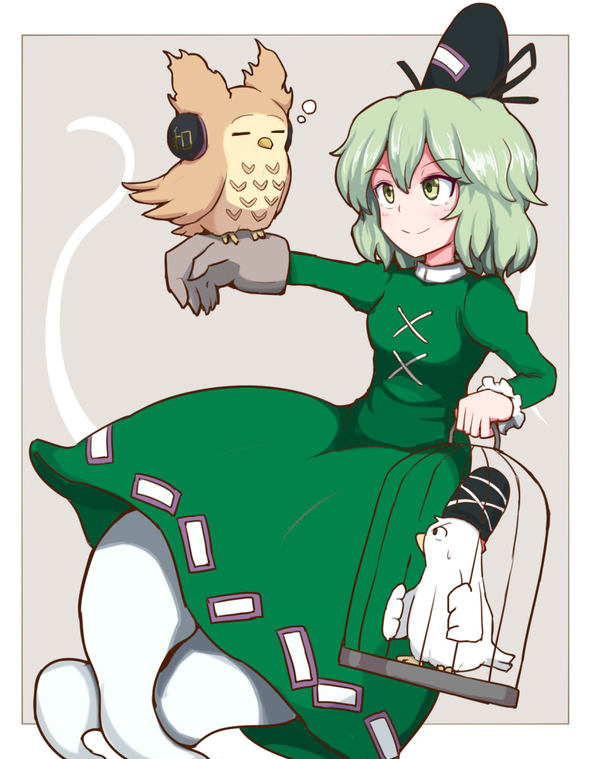 1girl, bird, bird_on_hand, birdcage, cage, chicken, dress, earmuffs