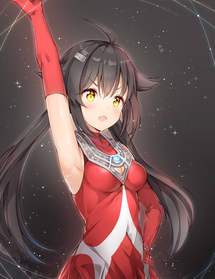 1girl, :o, absurdres, ahoge, arm_up, armpits, bangs, bare_shoulders