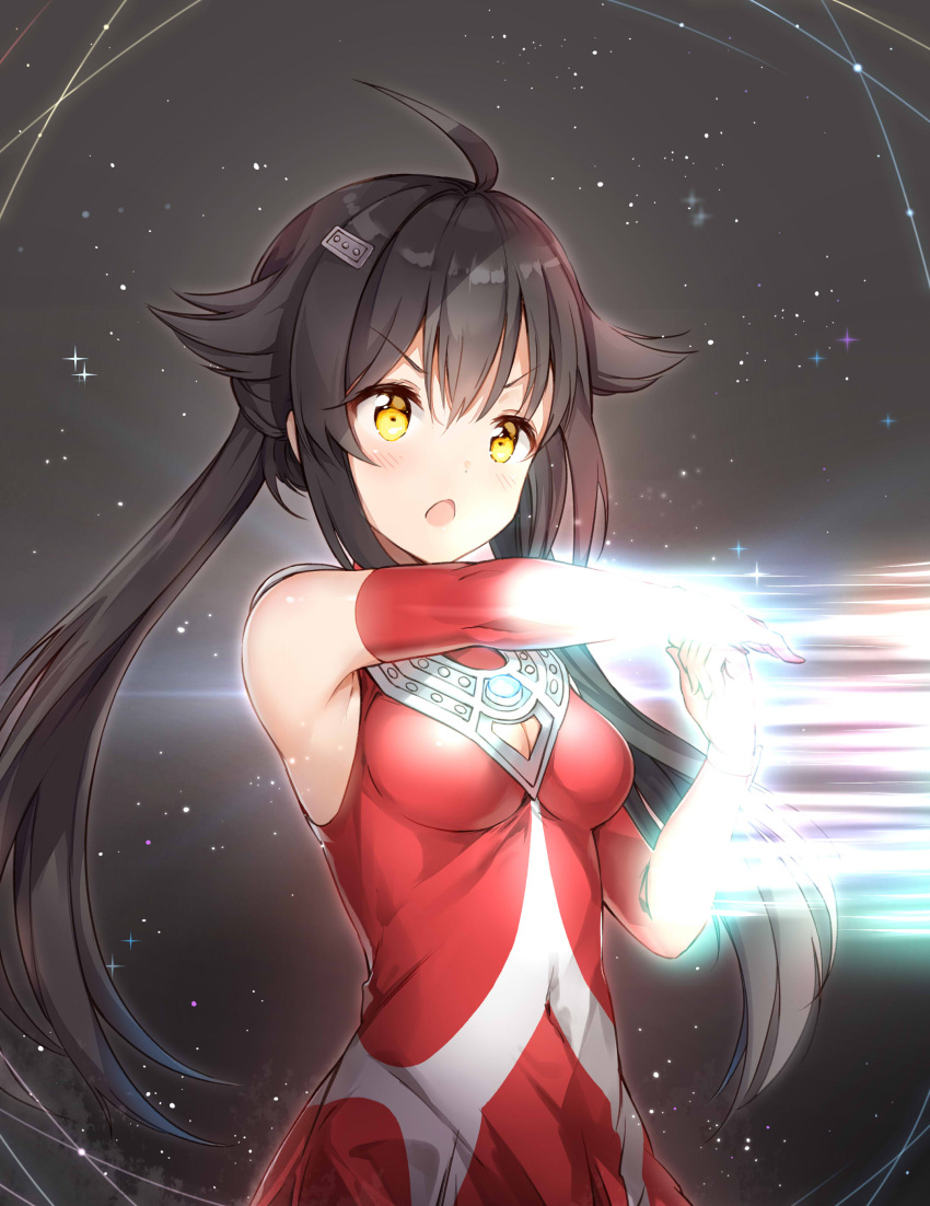 1girl, :o, absurdres, ahoge, arm_up, attack, bangs, bare_shoulders