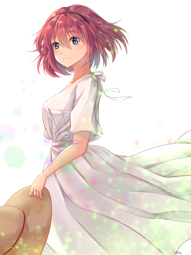 1girl, artist_name, blue_eyes, canon_memphis, commentary_request, cowboy_shot, dress, from_side