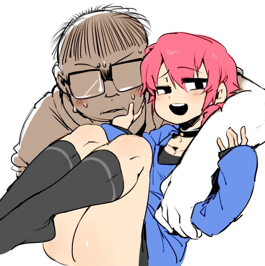 2boys, black_choker, black_eyes, black_legwear, blush, carrying, choker, doppel_(pixiv), face_grab, fat, fat_man, glasses, highres, kneehighs, looking_at_viewer, male_focus, multiple_boys, open_mouth, park_jinim_(parkgee), pink_hair, real_life, smile, socks, yaoi