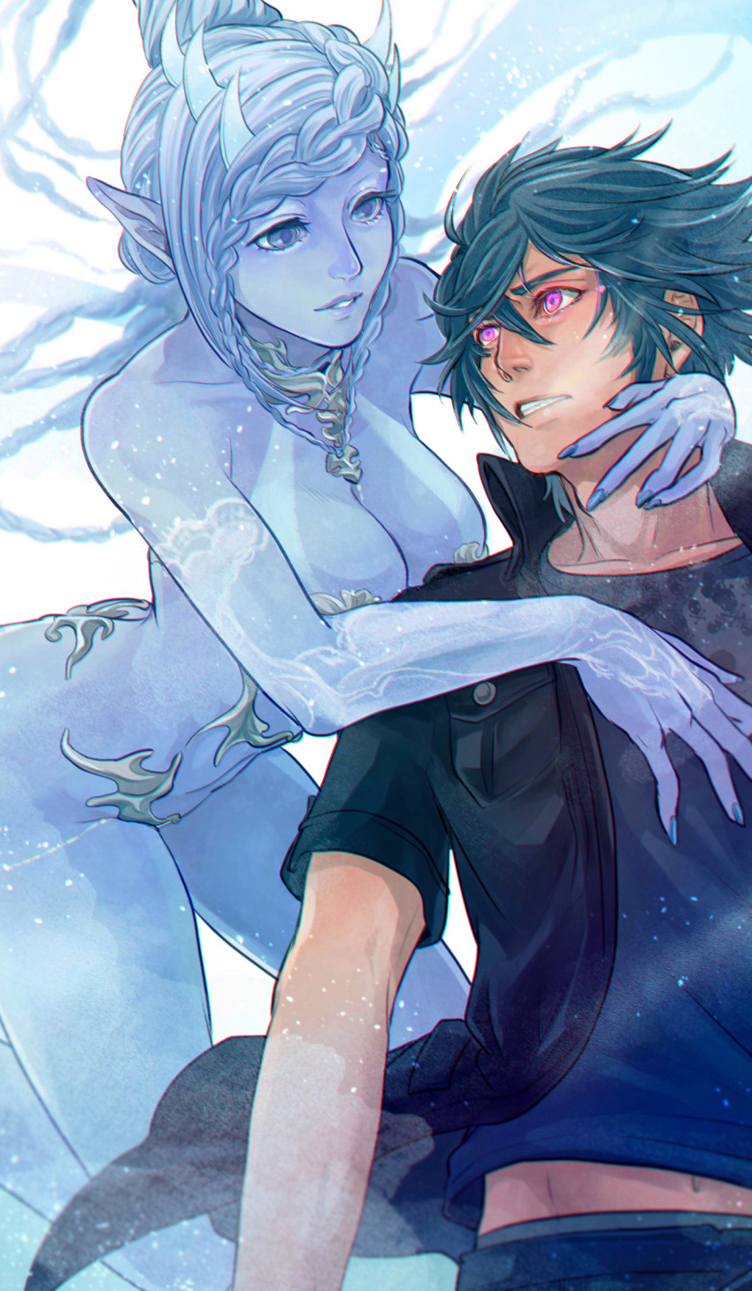 1boy, 1girl, black_hair, black_jacket, blue_hair, blue_skin, breasts, cleavage