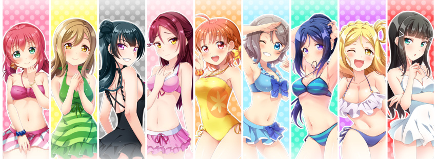 1girl, 6+girls, :d, :o, =o, adjusting_hair, ahoge, arm_behind_back