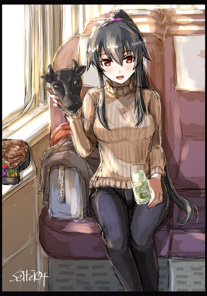 alternate_costume, animal_head, backpack, bag, black_hair, casual, denim, eyebrows_visible_through_hair
