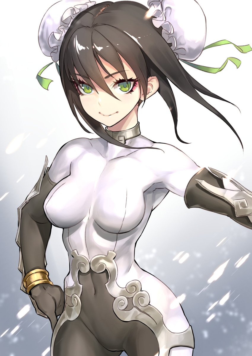 1girl, bodysuit, breasts, brown_hair, bun_cover, closed_mouth, covered_navel, cowboy_shot