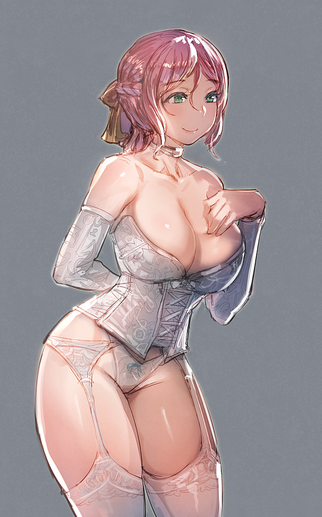 1girl, arm_behind_back, bow_(bhp), braid, breasts, choker, cleavage, closed_mouth