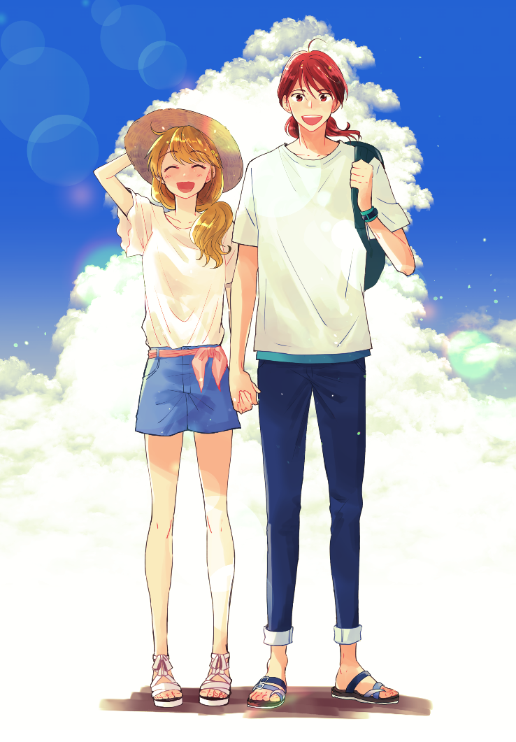 1boy, 1girl, ahoge, bag, blonde_hair, bobosuke, casual, closed_eyes, clouds, fortune_quest, hand_holding, hat, open_mouth, pastel_g._king, ponytail, red_eyes, redhead, sandals, short_sleeves, smile, summer, sun_hat, trapp_(fortune_quest)
