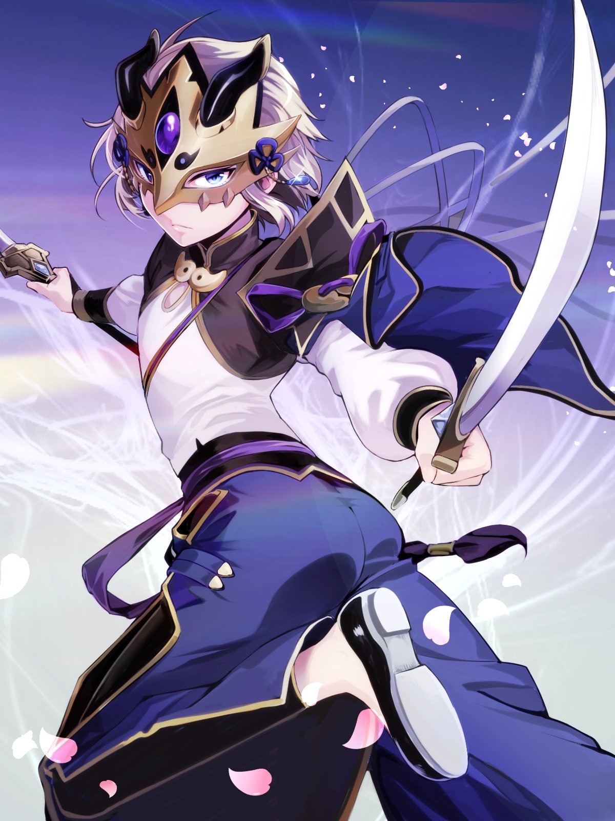 1boy, blue_eyes, closed_mouth, dual_wielding, fate/grand_order, fate_(series), gao_changgong_(fate), gloves