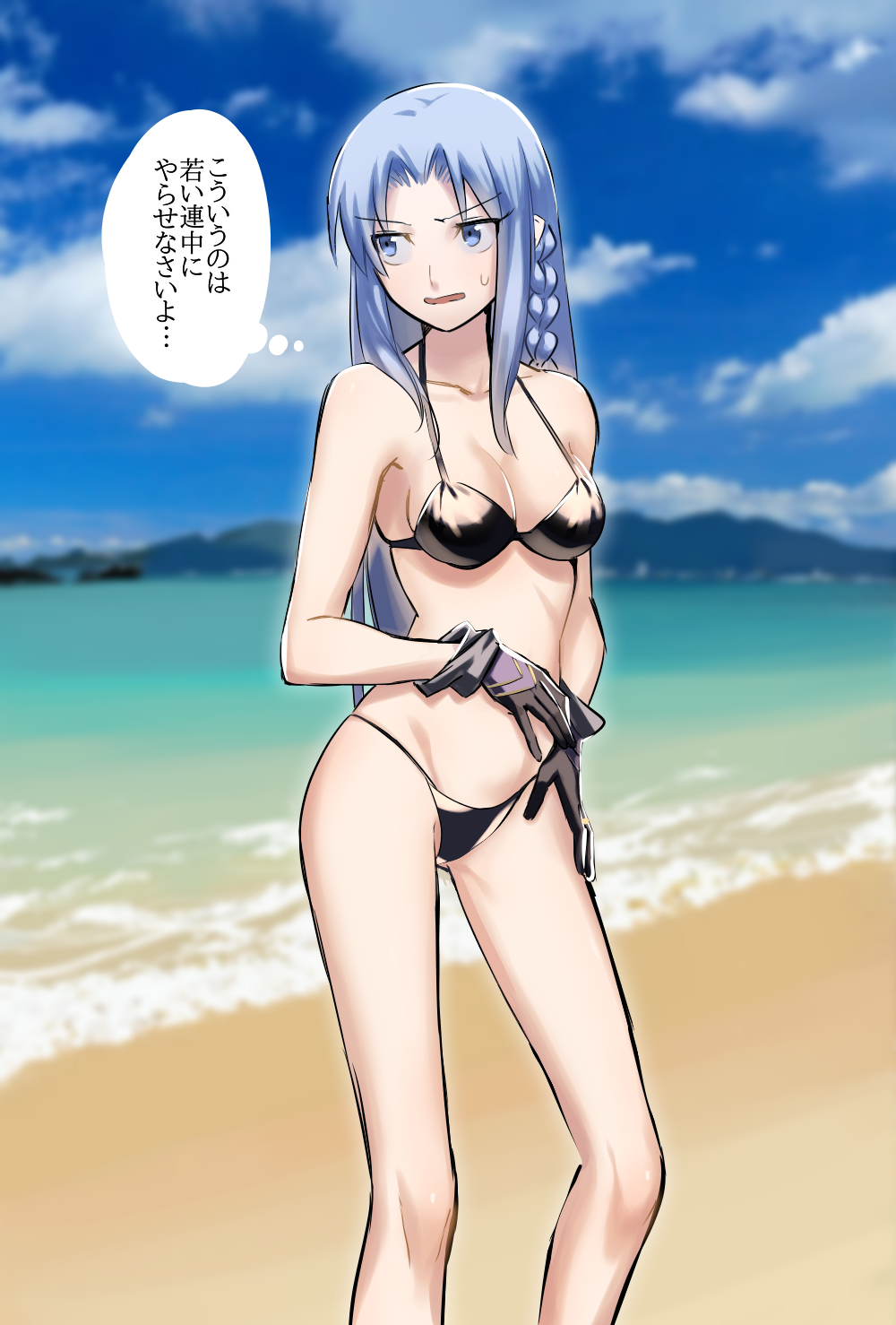 1girl, beach, bikini, black_bikini, black_gloves, blue_eyes, blue_hair, blue_sky