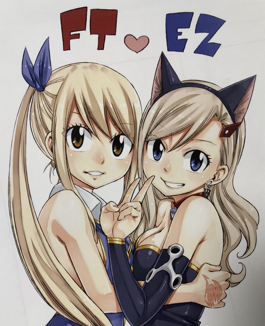 2girls, animal_ears, bangs, black_hairband, black_sleeves, blonde_hair, blue_bow, blue_eyes