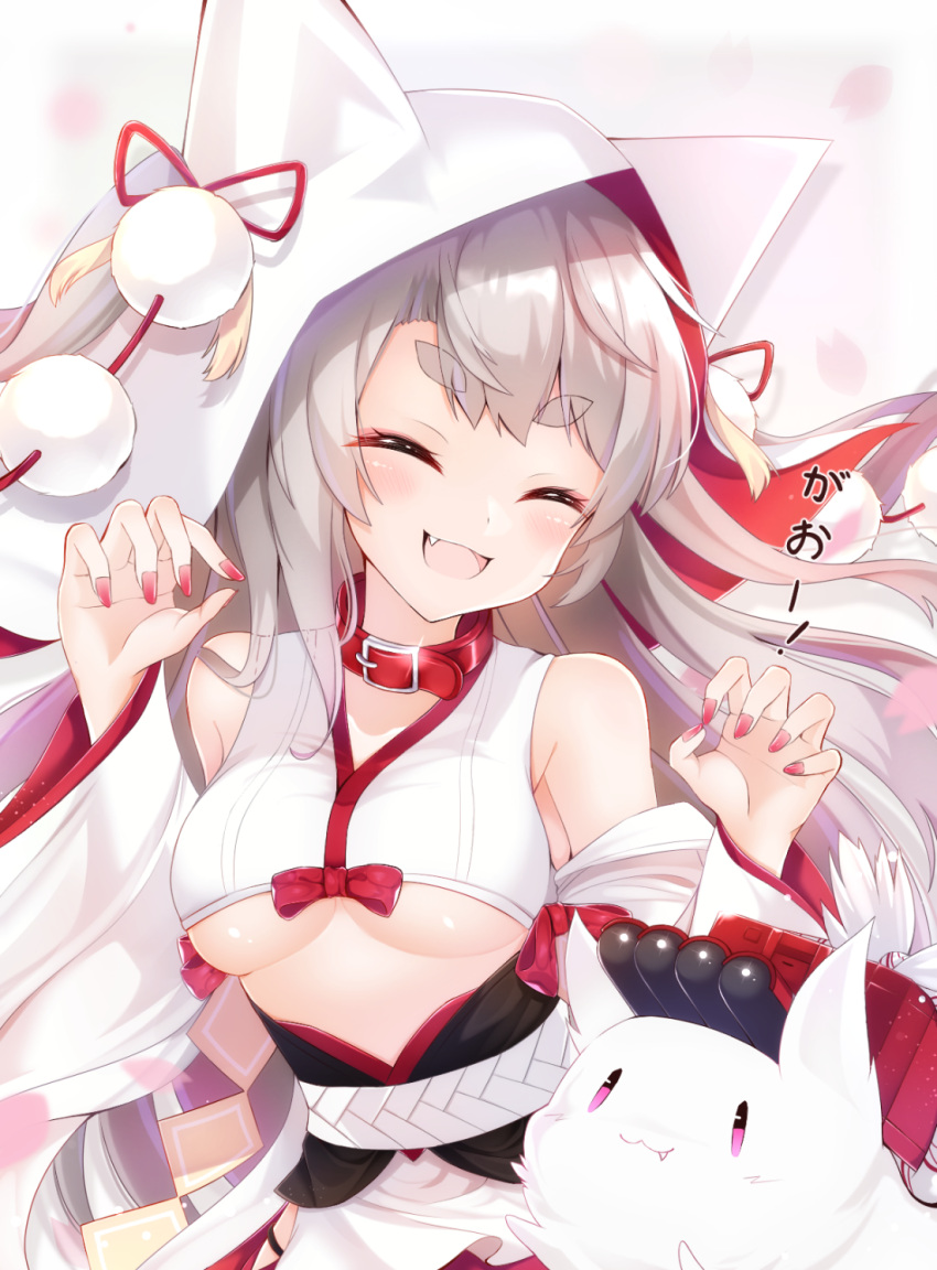 1girl, :3, :d, ^_^, animal_hood, azur_lane, bangs, bare_shoulders, belt_buckle, belt_collar, black_panties, blush, breasts, buckle, cherry_blossoms, claw_pose, closed_eyes, closed_eyes, collar, commentary_request, creature, detached_sleeves, eyebrows_visible_through_hair, eyelashes, fang, glint, highres, hip_vent, hood, japanese_clothes, long_hair, long_sleeves, medium_breasts, nail_polish, nya_rl, open_mouth, panties, petals, pom_pom_(clothes), red_nails, red_ribbon, ribbon, shide, silver_hair, smile, solo, thick_eyebrows, torpedo_tubes, under_boob, underboob_cutout, underwear, upper_body, white_background, wide_sleeves, yuudachi_(azur_lane)