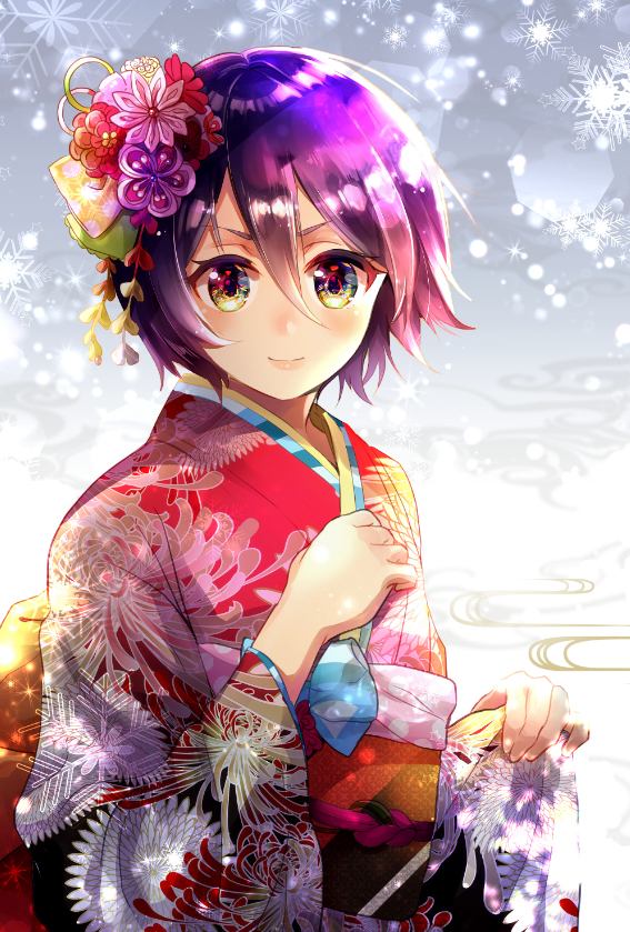 1girl, bleach, floral_print, green_eyes, hair_between_eyes, hair_ornament, japanese_clothes, kimono