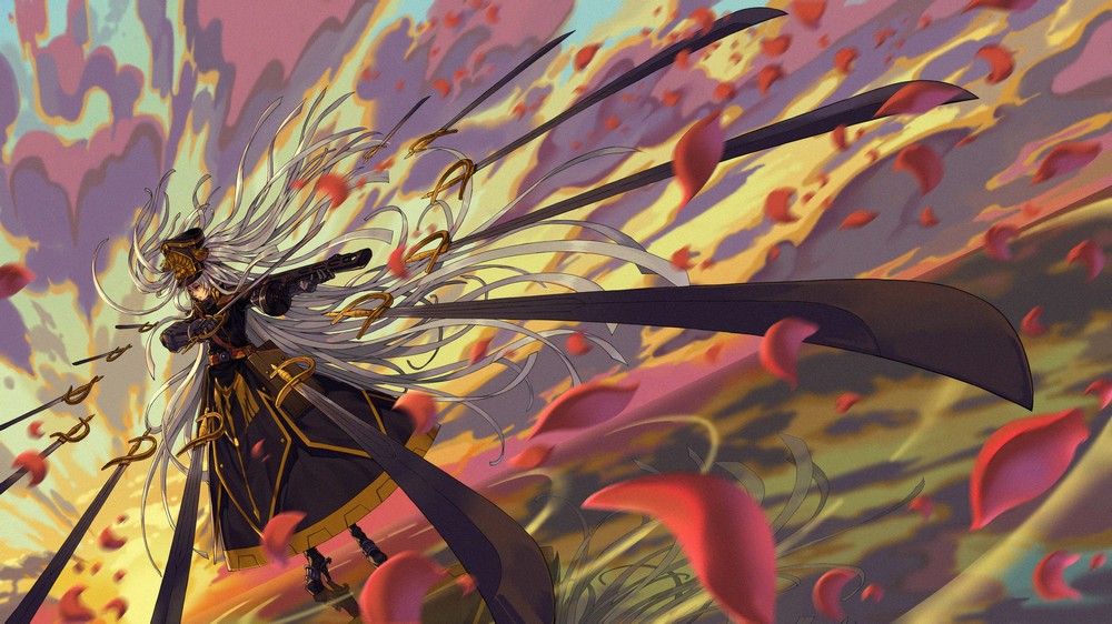 1girl, absurdly_long_hair, altair_(re:creators), black_dress, boots, clouds, dress, dutch_angle, floating_hair, full_body, gun, hat, high_heel_boots, high_heels, holding, holding_gun, holding_sword, holding_weapon, long_dress, long_hair, malatutu, military, military_hat, military_uniform, outdoors, petals, re:creators, rifle, rose_petals, silver_hair, solo, standing, sunset, sword, uniform, very_long_hair, weapon