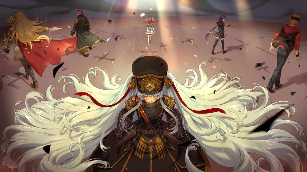2boys, 4girls, absurdly_long_hair, alicetaria_february, altair_(re:creators), back_bow, black_cape, black_dress, black_legwear, black_sailor_collar, black_serafuku, black_shirt, black_skirt, blitz_talker, blonde_hair, blue_bow, boots, bow, braid, braided_ponytail, brown_hair, brown_pants, cape, chikujouin_magane, dress, gauntlets, hair_bow, hakua_shou, hat, high_heel_boots, high_heels, high_ponytail, hood, hood_down, hooded_sweater, kirameki_mamika, long_hair, long_sleeves, low-tied_long_hair, malatutu, military, military_hat, military_uniform, miniskirt, multiple_boys, multiple_girls, outdoors, pants, pink_skirt, pleated_skirt, purple_hair, re:creators, red_cape, red_ribbon, red_sweater, ribbon, sailor_collar, school_uniform, serafuku, shirt, silver_hair, single_braid, skirt, standing, sweater, thigh-highs, twintails, uniform, very_long_hair, wristband, yellow_bow, zettai_ryouiki
