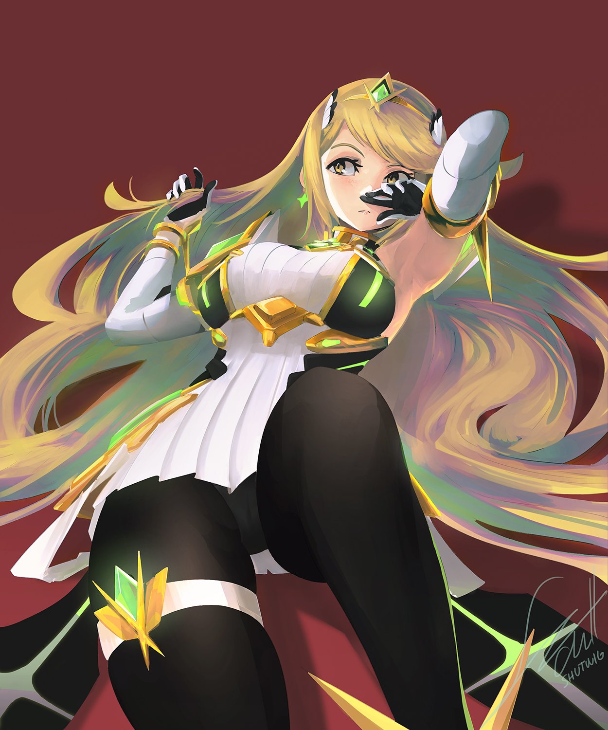 1girl, android, animal_ears, armor, bangs, blonde_hair, blush, breasts
