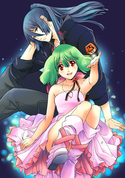 1boy, 1girl, bare_shoulders, belt_boots, blue_hair, boots, dress, floating_hair