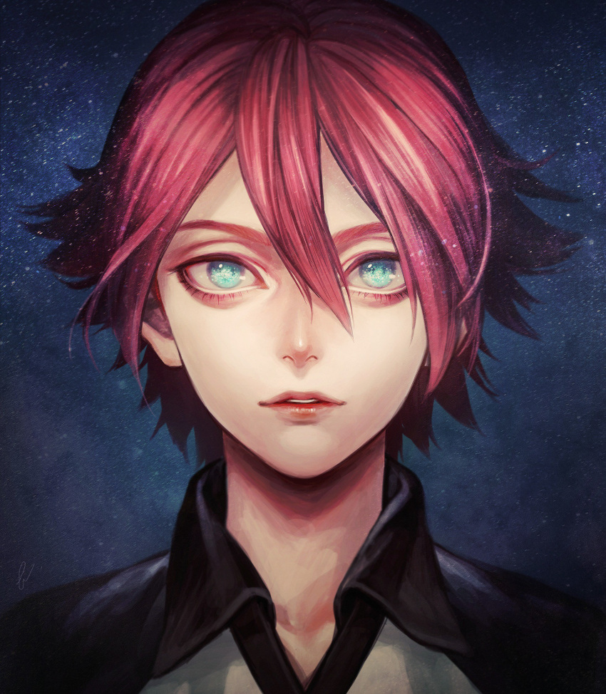 1boy, absurdres, blue_eyes, character_request, collared_shirt, commentary_request, hair_between_eyes, highres