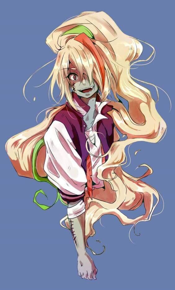 1girl, bandage, blonde_hair, facial_scar, green_skin, hair_over_one_eye, itv09876543212, long_hair, looking_at_viewer, multicolored_hair, nikaidou_saki, open_mouth, ponytail, red_eyes, sarashi, scar, school_uniform, smile, solo, streaked_hair, teeth, undone_necktie, zombie, zombie_land_saga