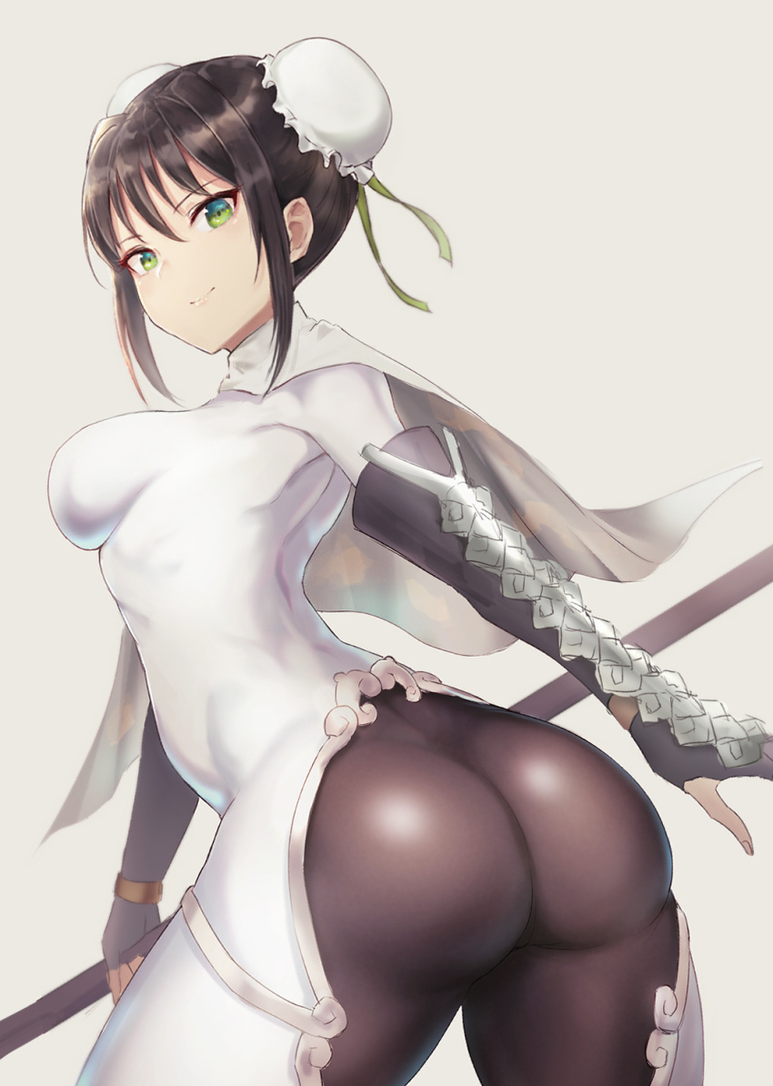 1girl, ass, back, bangs, black_hair, blush, bodysuit, breasts