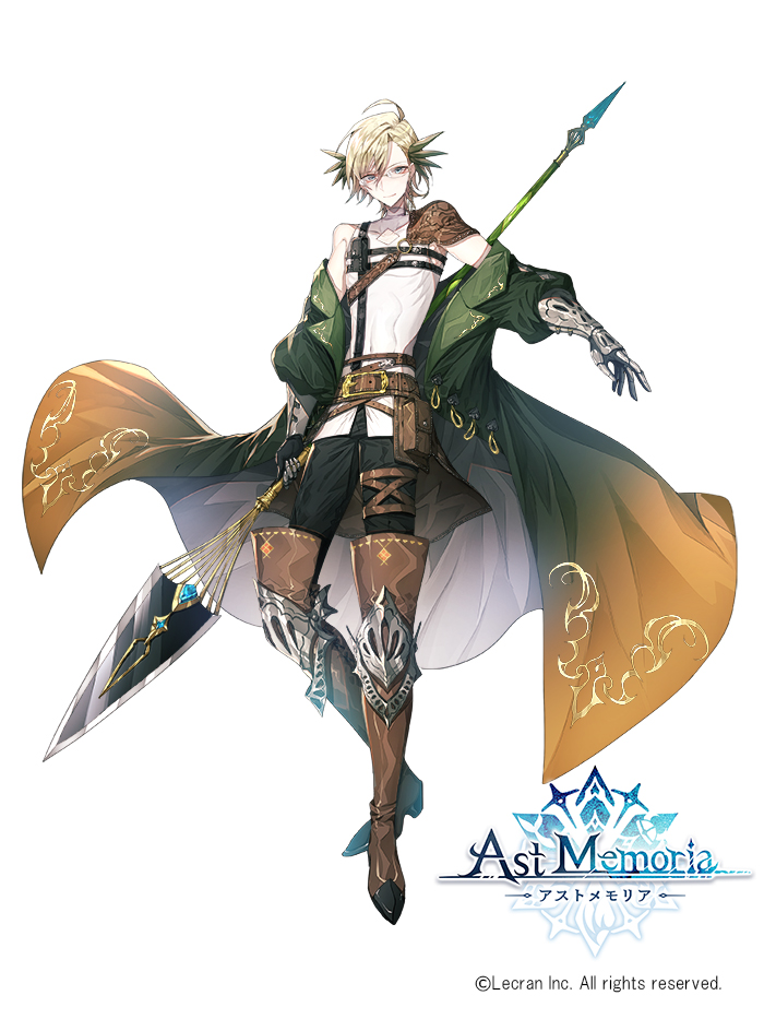1boy, ast_memoria, belt, blonde_hair, boots, brown_footwear, cape, covered_navel