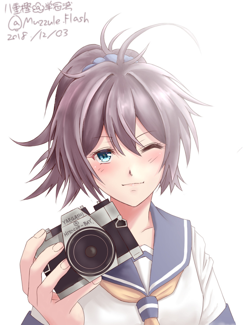 1girl, absurdres, antenna_hair, aoba_(kantai_collection), artist_name, blue_eyes, blue_scrunchie, camera