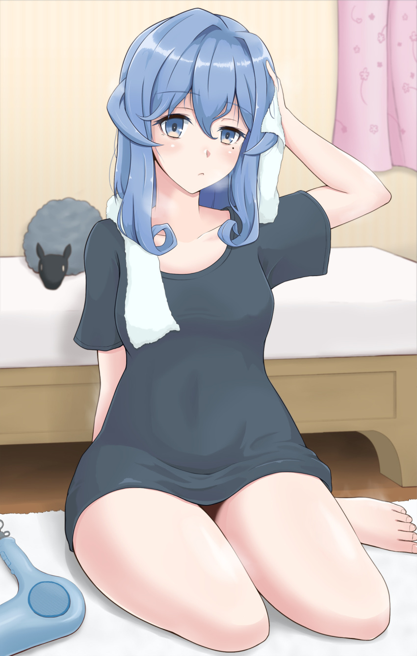 1girl, alternate_costume, bed, bedroom, blue_eyes, blue_hair, blue_shirt, blush
