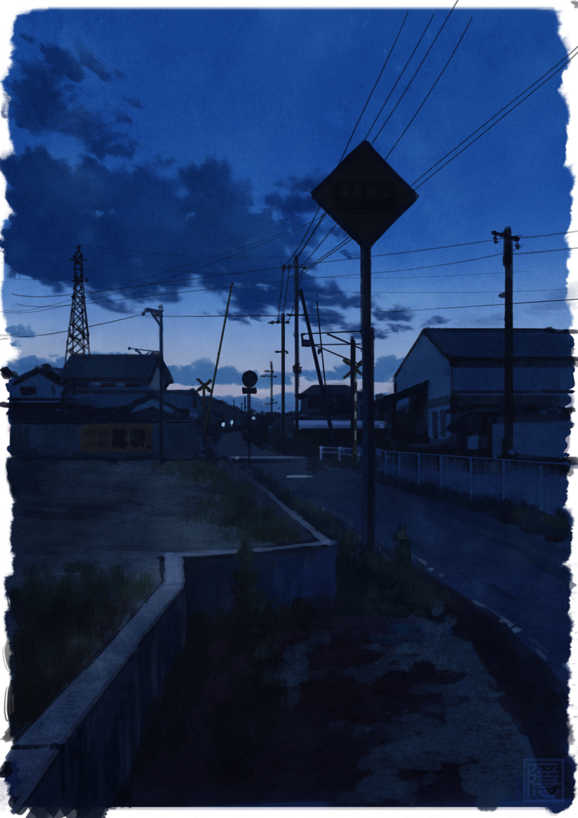 blue_sky, building, clouds, fence, no_humans, original, outdoors, power_lines