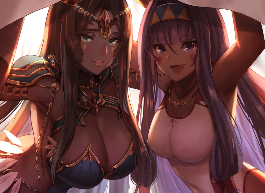 2girls, animal_ears, arm_up, arm_wrap, armlet, armpits, bandage, bandaged_arm, bandages, bangs, bare_shoulders, black_hair, blanket, blue_armor, blunt_bangs, blush, breastplate, breasts, chains, circlet, closed_mouth, collarbone, commentary_request, dark_skin, dolce_(dolsuke), earrings, facepaint, facial_mark, fate/grand_order, fate_(series), feathers, forehead_jewel, green_eyes, hair_between_eyes, hair_tubes, hairband, highres, hoop_earrings, jackal_ears, jewelry, large_breasts, long_hair, looking_at_viewer, low-tied_long_hair, multiple_girls, necklace, nitocris_(fate/grand_order), nitocris_(swimsuit_assassin)_(fate), one-piece_swimsuit, open_mouth, parted_bangs, pauldrons, purple_hair, revision, scheherazade_(fate/grand_order), sidelocks, smile, swimsuit, very_long_hair, violet_eyes, white_swimsuit