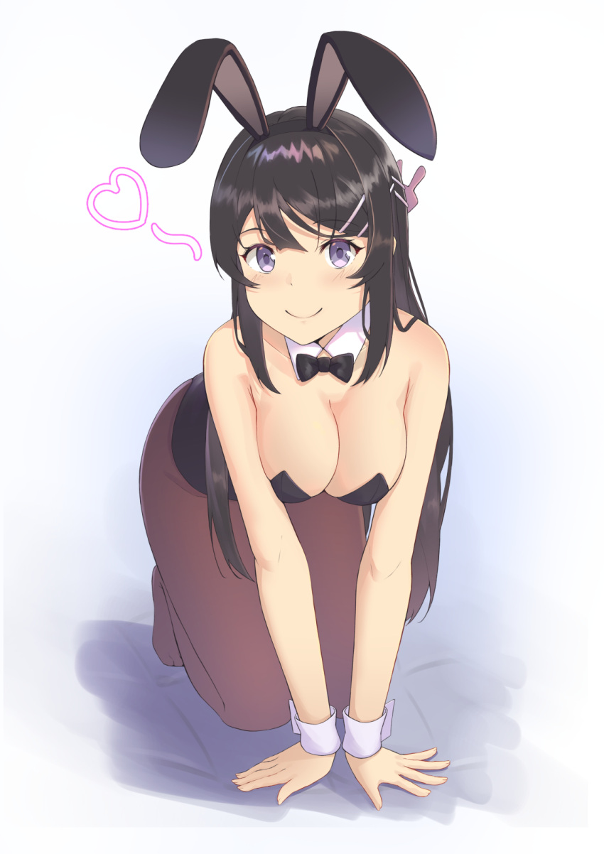 1girl, all_fours, animal_ears, black_hair, black_leotard, black_neckwear, bow, bowtie