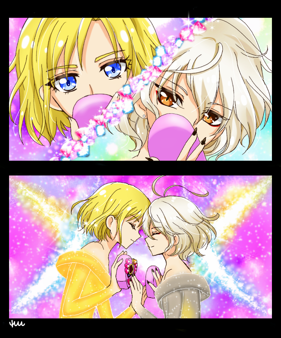 2boys, antenna_hair, bicine_(precure), blonde_hair, blue_eyes, bob_cut, fingernails, hand_holding