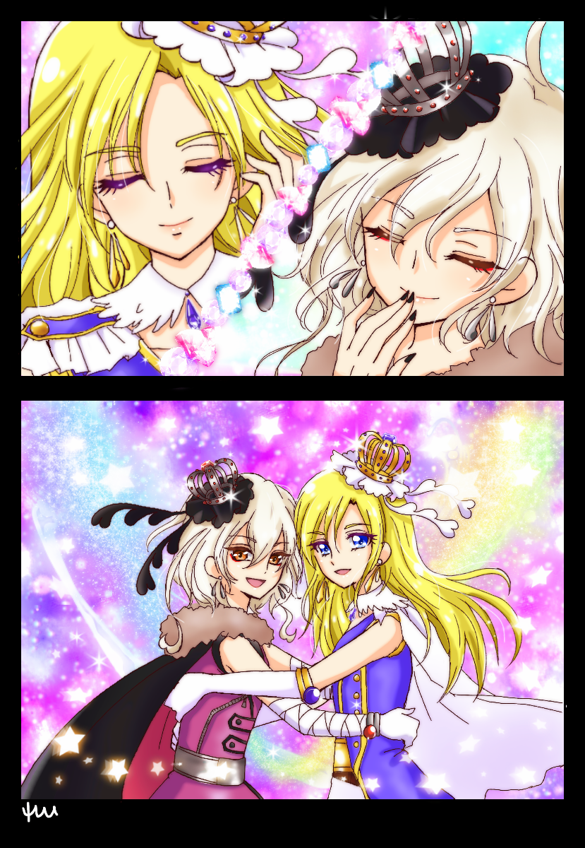2boys, bicine_(precure), black_nails, blonde_hair, crown, fingernails, fur_trim, gem