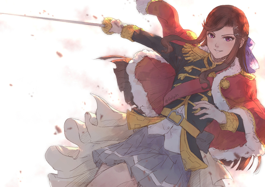 1girl, brown_hair, dutch_angle, epaulettes, eulyin_huan, grin, hair_ornament, hair_ribbon