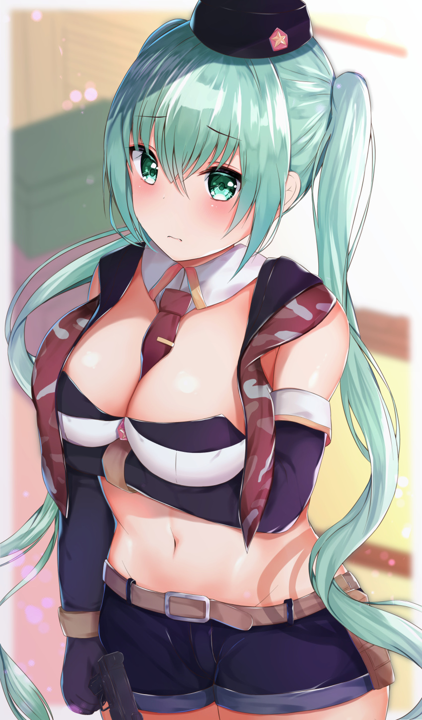 1girl, absurdres, arm_under_breasts, bangs, belt, belt_buckle, between_breasts, black_gloves