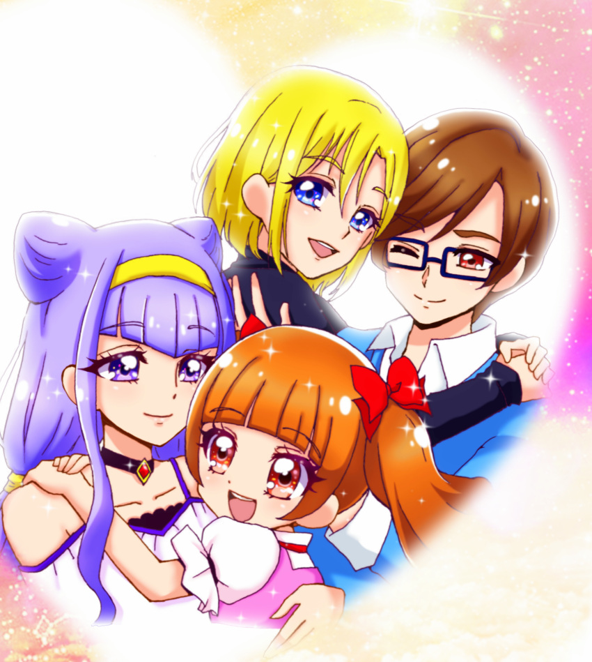 2boys, 2girls, ;), aisaki_emiru, aisaki_masato, blonde_hair, blue_eyes, bow