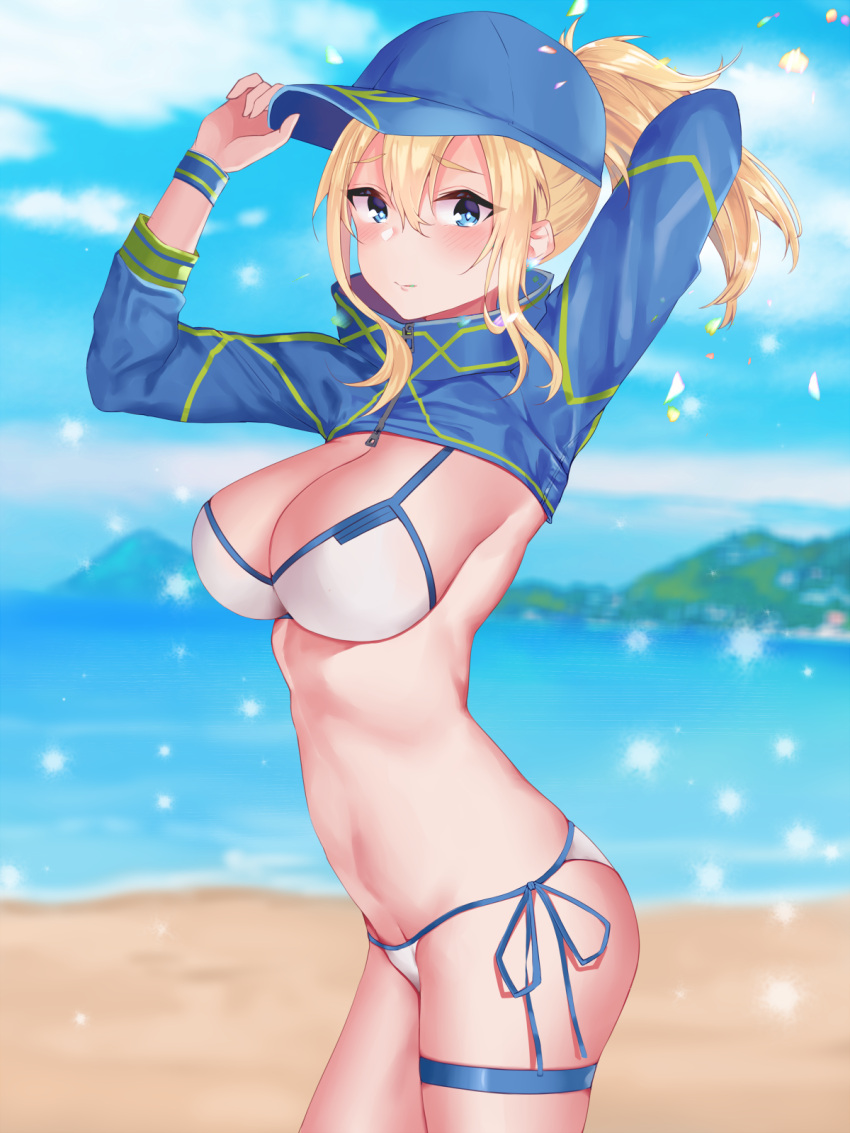 1girl, adjusting_clothes, adjusting_hat, artoria_pendragon_(all), baseball_cap, beach, bikini, blonde_hair
