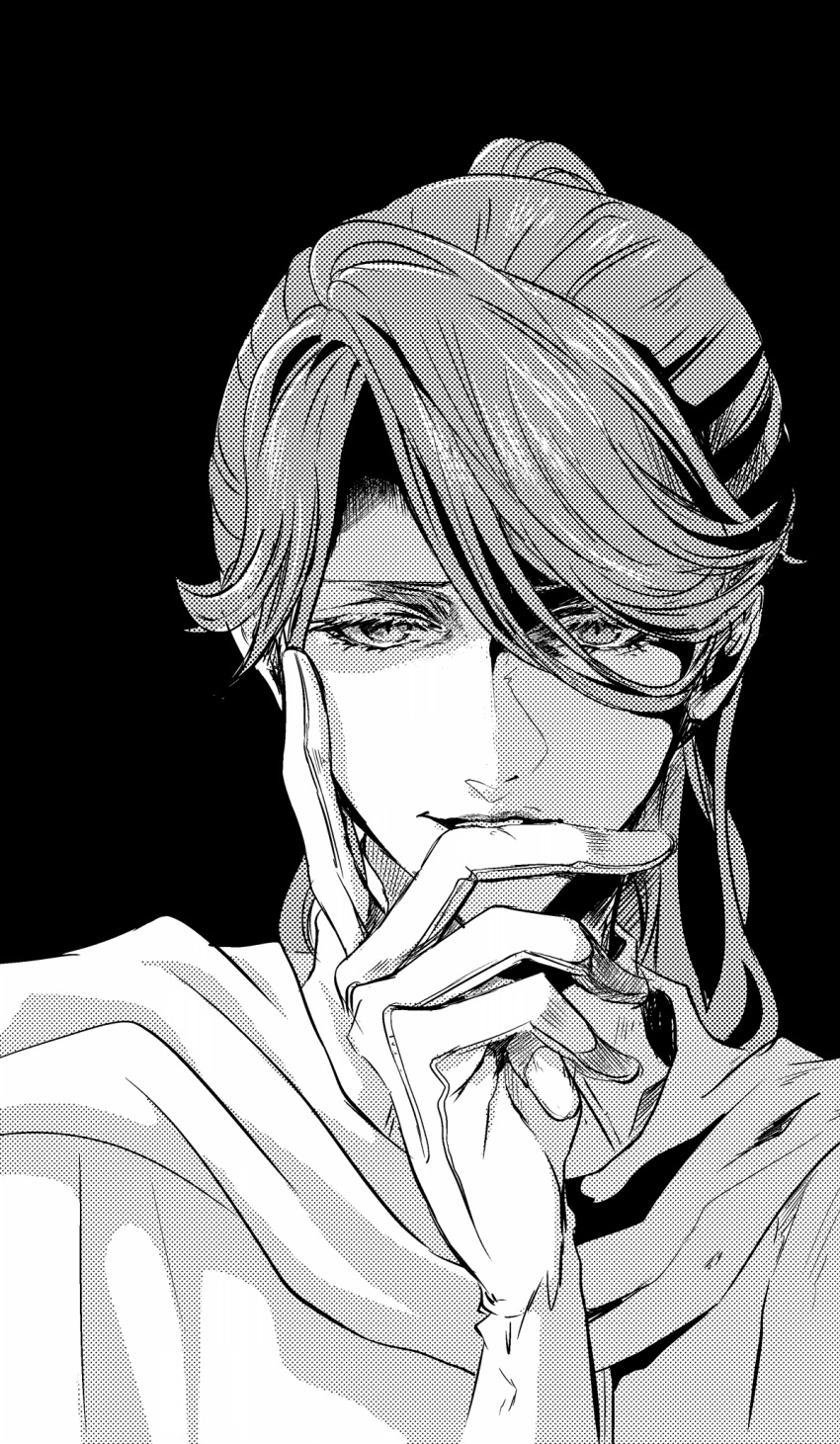 1girl, biting, black_background, bloodborne, chin_rest, cloak, eyelashes, finger_biting, glove_biting, gloves, greyscale, halftone, highres, iosefka, itsuki_(itsukiovo), long_hair, looking_to_the_side, monochrome, ponytail, simple_background, smirk, solo, white_gloves